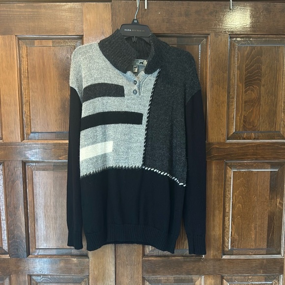 Peruvian Link 100% Alpaca Collection Size Large Black Grey Collared Sweater Top - Picture 1 of 7